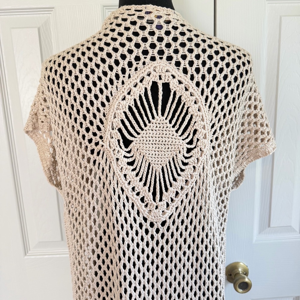 Artesia Cream Crochet Fringe small boho knit beach coverup cardigan festival - Picture 3 of 9